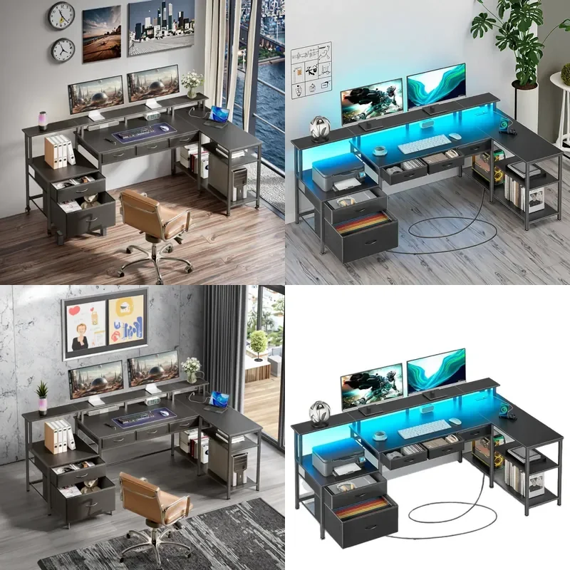 L Shaped Computer Desk with Drawers Power Outlet Multifunctional Home Office Workstation Storage Writing Table