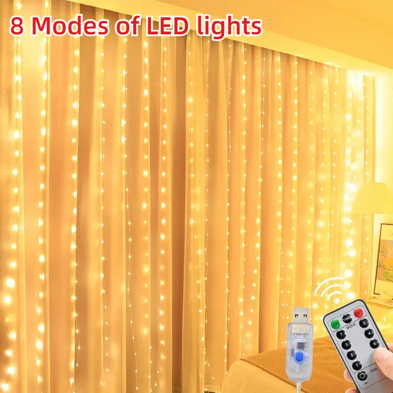 Christmas Decor for Home Holiday New Year Lamp Christmas Lights LED Fairy String Curtain Lights 8 Mode Remote USB Festoon