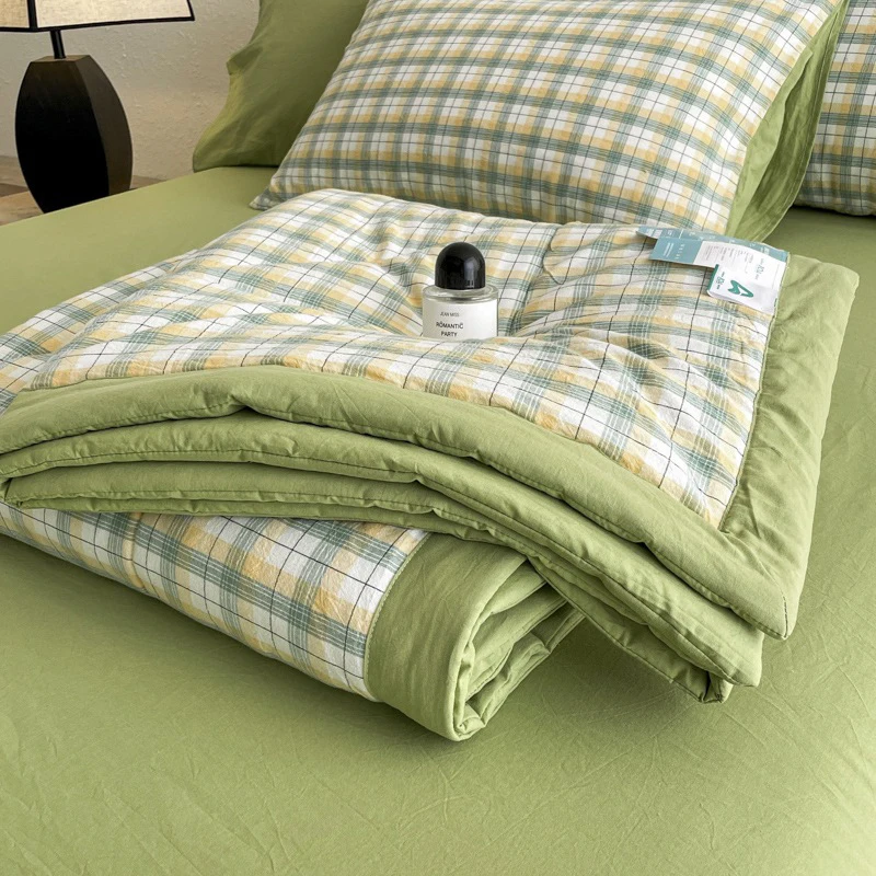 Japanese Style Plaid Summer Quilt Cotton Skin Friendly Thin Comforter Lightweight Air Conditioner Blanket for Adults
