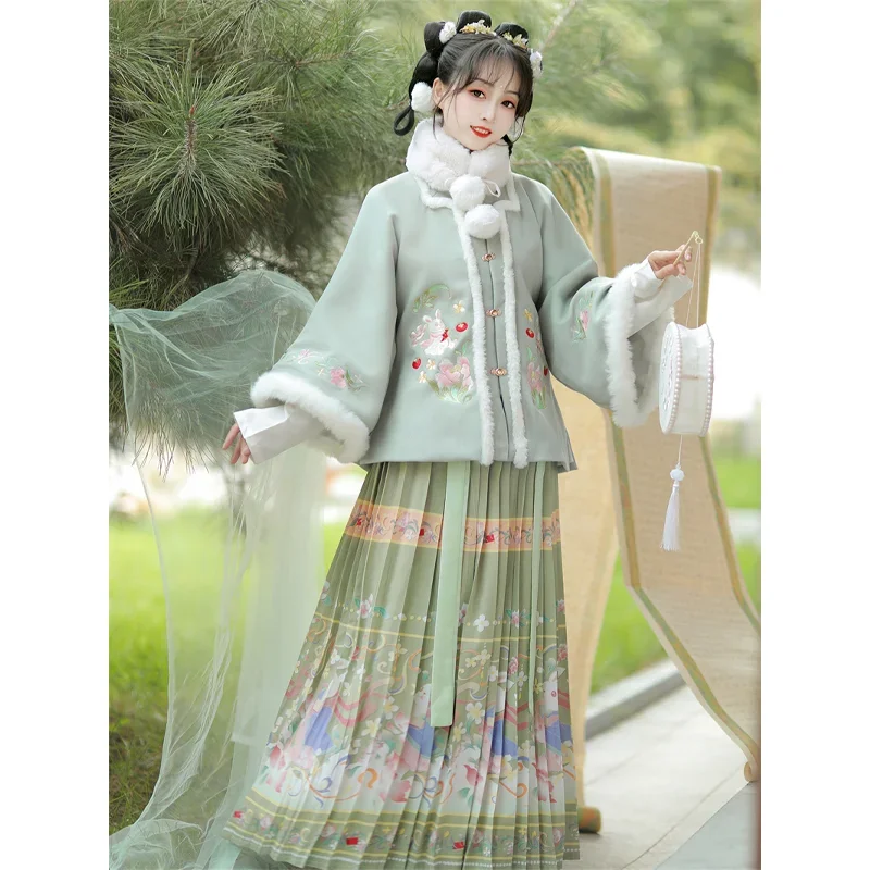 ชุด Hanfu สไตล์จีนดั้งเดิม6สี4ชิ้นชุดฤดูหนาวเสื้อโค้ทแขนครึ่งหนาแบบดั้งเดิมสีขาวเสื้อเชิ้ตกระโปรงเอวโบราณ