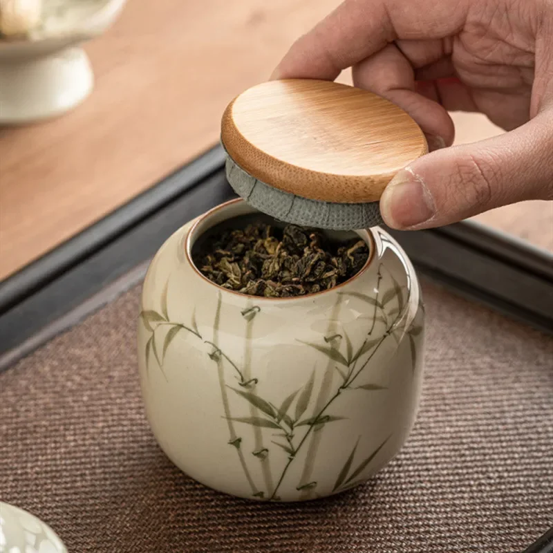 Chinese Ceramic Tea Caddy Hand-painted Bamboo Leaf Tea Jar Travel Tea Bag Tieguanyin Sealed Container Storage Tank Teaware