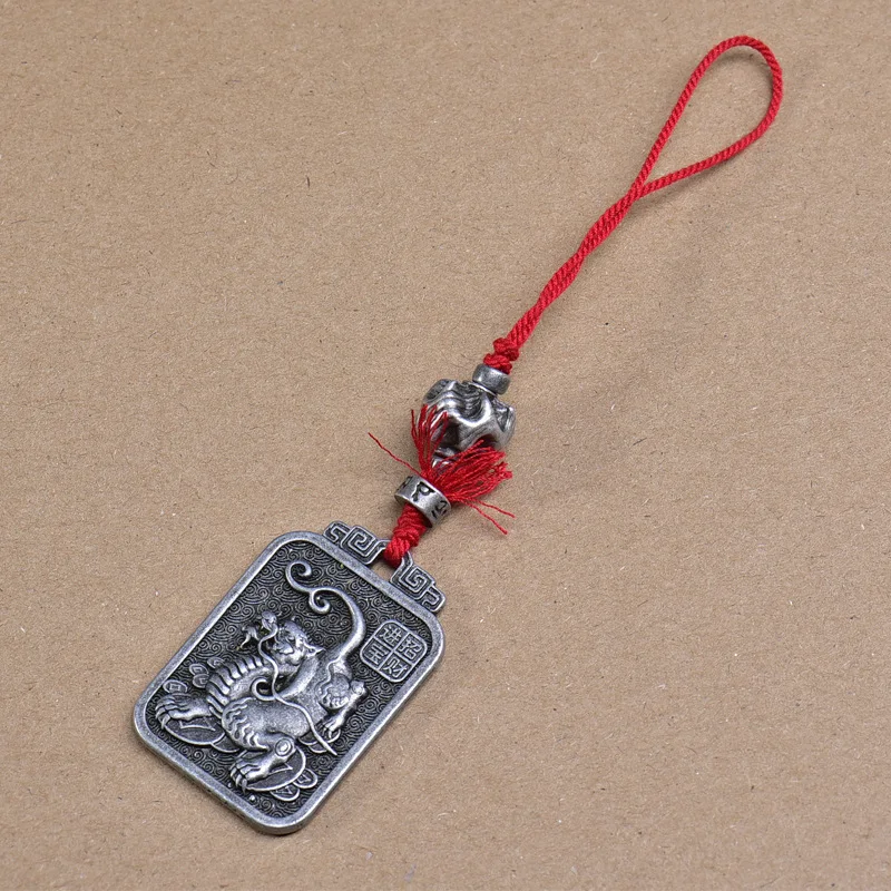 Tibetan Silver Pixiu Square Plaque Pendant Cultured Buddhist Beads Side-Hanging Alloy Wealth-Attracting Treasure Pendant Jewelry