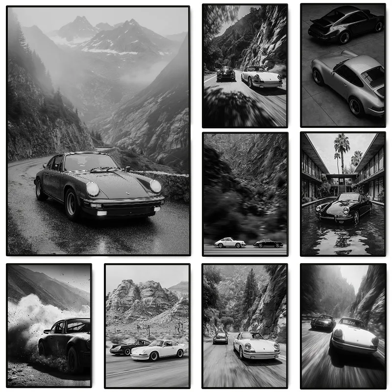 Vintage Black and White Automotive Poster Famous Brand Sports Car Racing Photography Canvas Painting Wall Art Room Home Decor