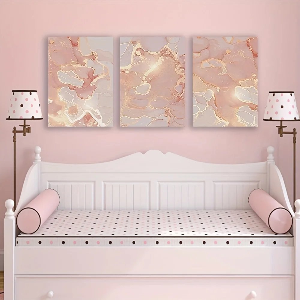 2D Flat, 2D Flat, 2D Flat 3pcs Unframed GOSRD Champagne Rose Golden Marble Abstract Prints Art Image Wall Corridor Modern Eas