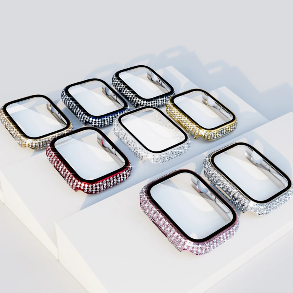 Glass+Diamond Case for Apple Watch Series 7 8 45mm 41mm Glitter Rhinestone Protector Full Protection Bumper for Iwatch Series 9