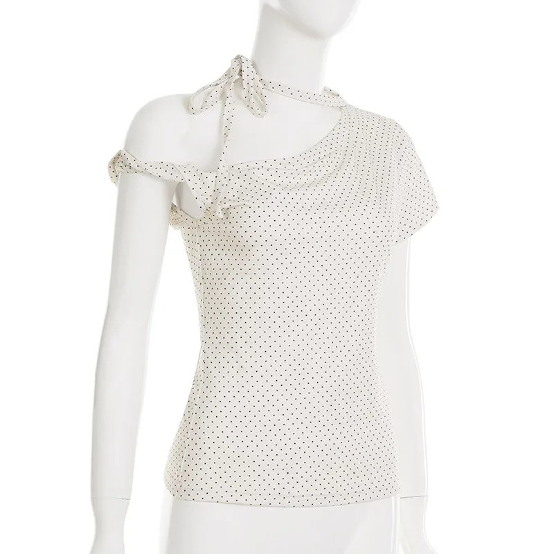 Damen Polka Dot Rückenfreies Neckholder-Top mit Knoten, Eng Anliegend, Kurzarm, Lässige Streetwear, Sexy Modisches T-Shirt-Oberteil – Detail 13