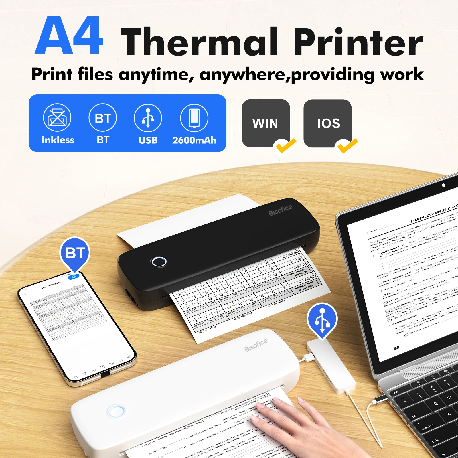 A4 Portable Thermal Transfer Printer Wireless&USB Connect Connect with Mobile Computer 56mm/77mm/107mm/210mm/216mm(2in/3in/4in/8