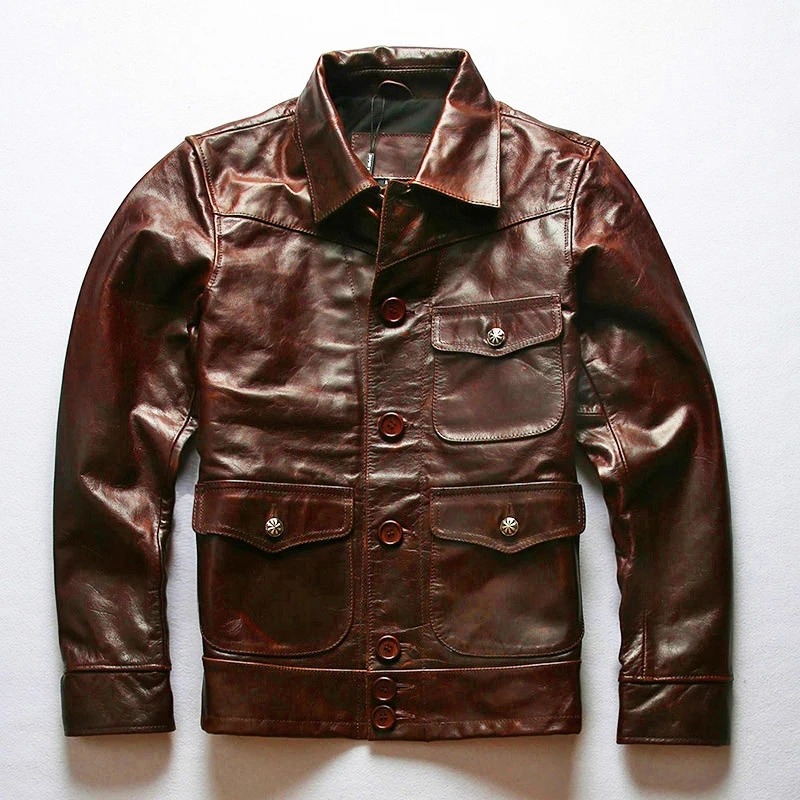 Veste en cuir marron foncé pour homme, style rétro vintage, véritable cuir de vachette naturel, coupe couvertes, manteau en cuir à simple boutonnage, automne