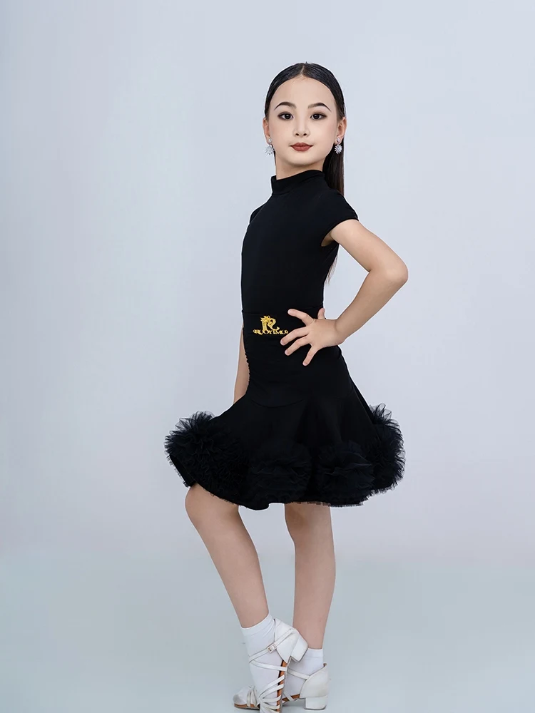 Vestido de dança latina para meninas, gola alta, renda, saia grande, manga curta, samba chacha, roupa de competição latina dn21785