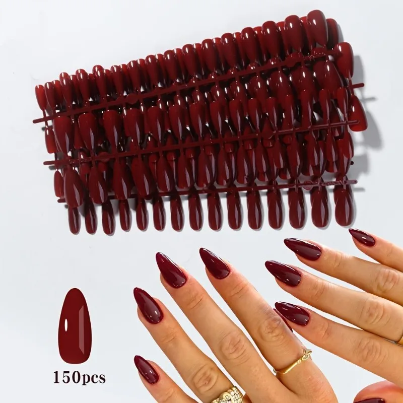 150Pcs Set Wine Red Press on Nails for Women Girl Fake Nails Removable Nails Art Elegant Reusable Solid Color Nail Sticker