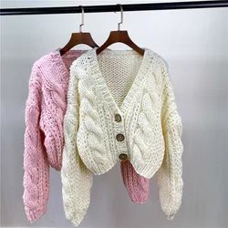 Cable Knit Drop Shoulder Button Front Cardigan V-Neck Hand-knit Chunky Sweater Tops Autumn/Winter Woman Clothing