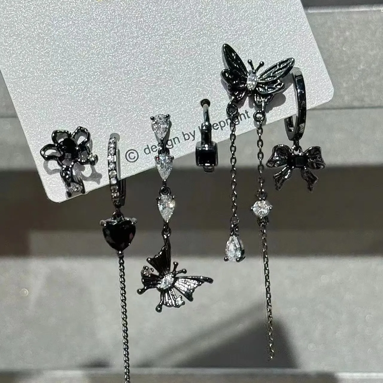 6PCS Set Goth Black Crystal Star Black Butterfly Dangle Earring For Women Girl Vintage Aesthetic Trendy Y2K Jewelry Accessories