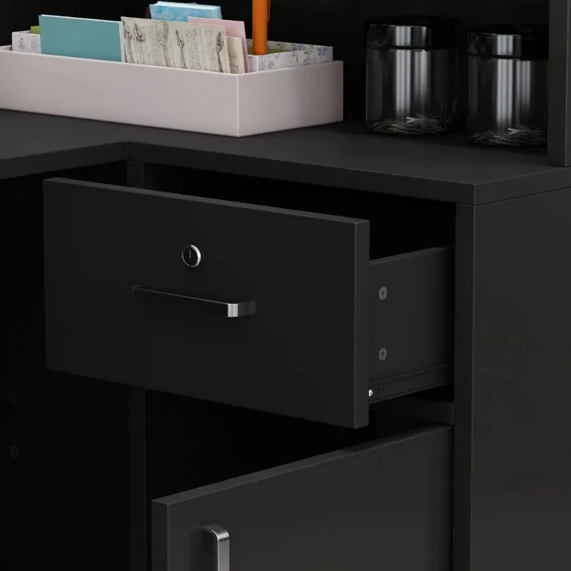 L-Shaped Reception Desk Counter Table with Lockable Drawers & Storage Shelves, Private Workstation , Black