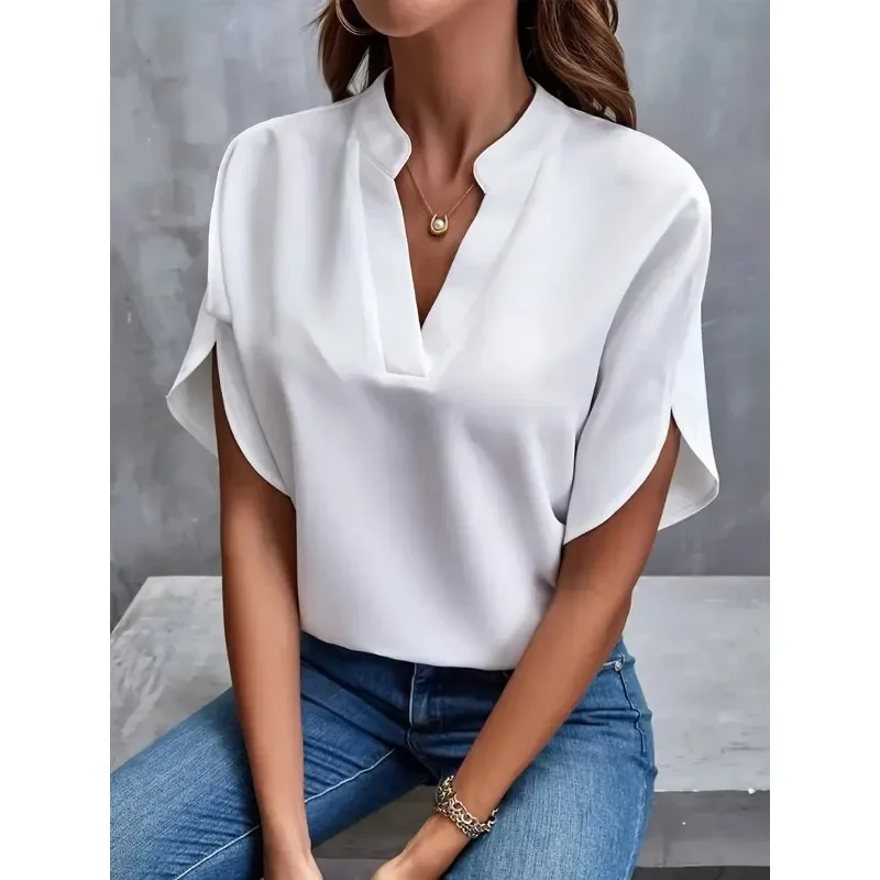 New Summer Women\'s Elegant Commuting Shirt Simple Solid Color Fashion V-neck Short Sleeved Shirt Loose Casual Holiday Shirt