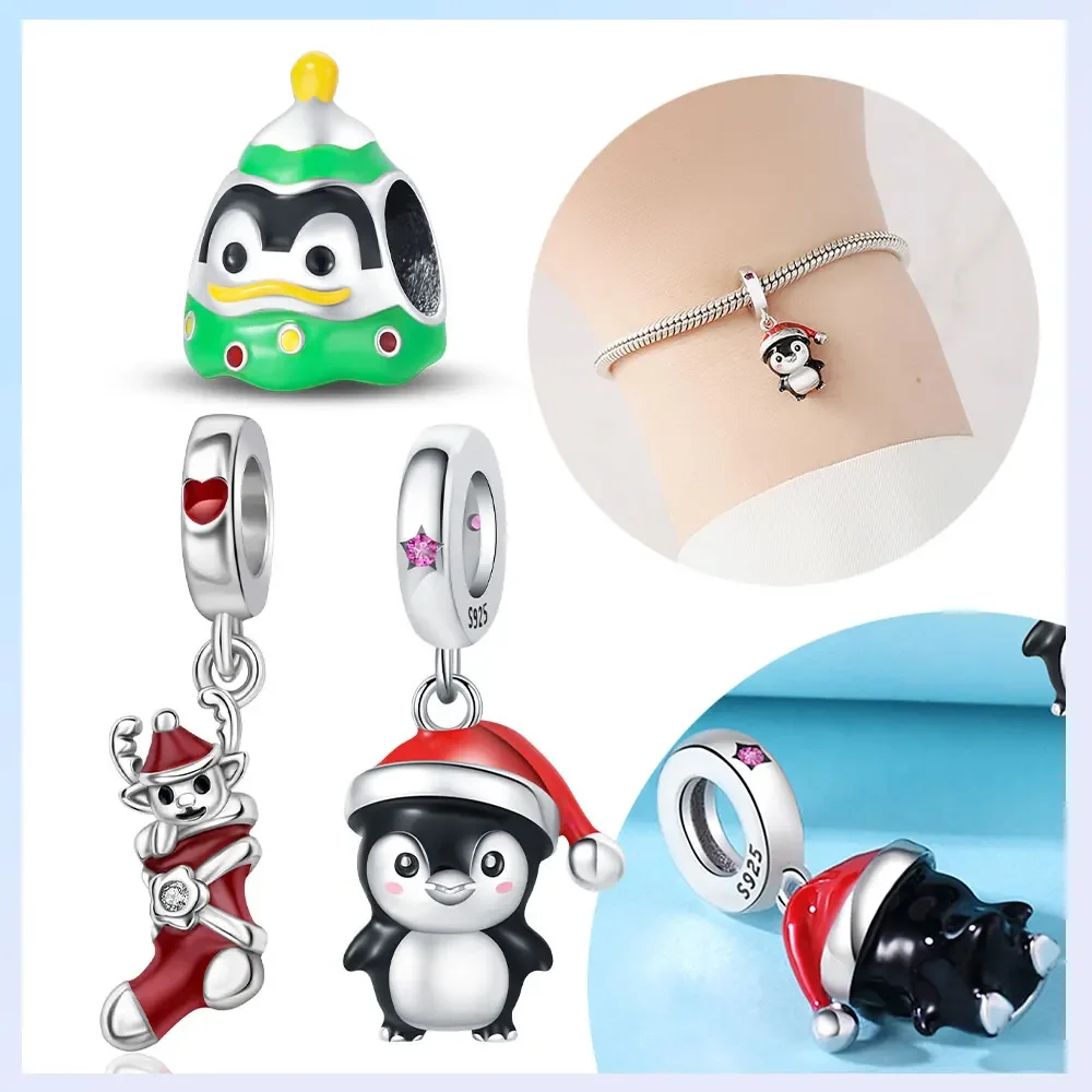 925er Silber vergoldet, Original-Charms, Weihnachtsserie, Pinguin, Schneemann, Socken, Perlen, passend für Armbänder, Damenschmuck, Geschenk