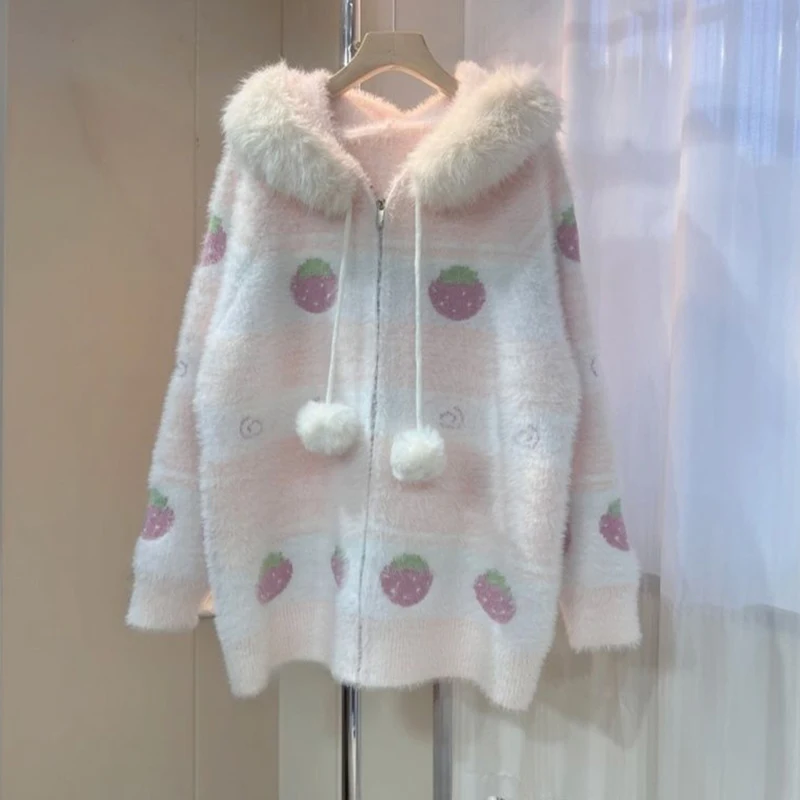 Fall Winter Sweet Knitted Cardigan Women Thick Warm Fuzzy Hooded Outwear Cute Strawberry Jacquard Faux Fur Collar Loose Tops New