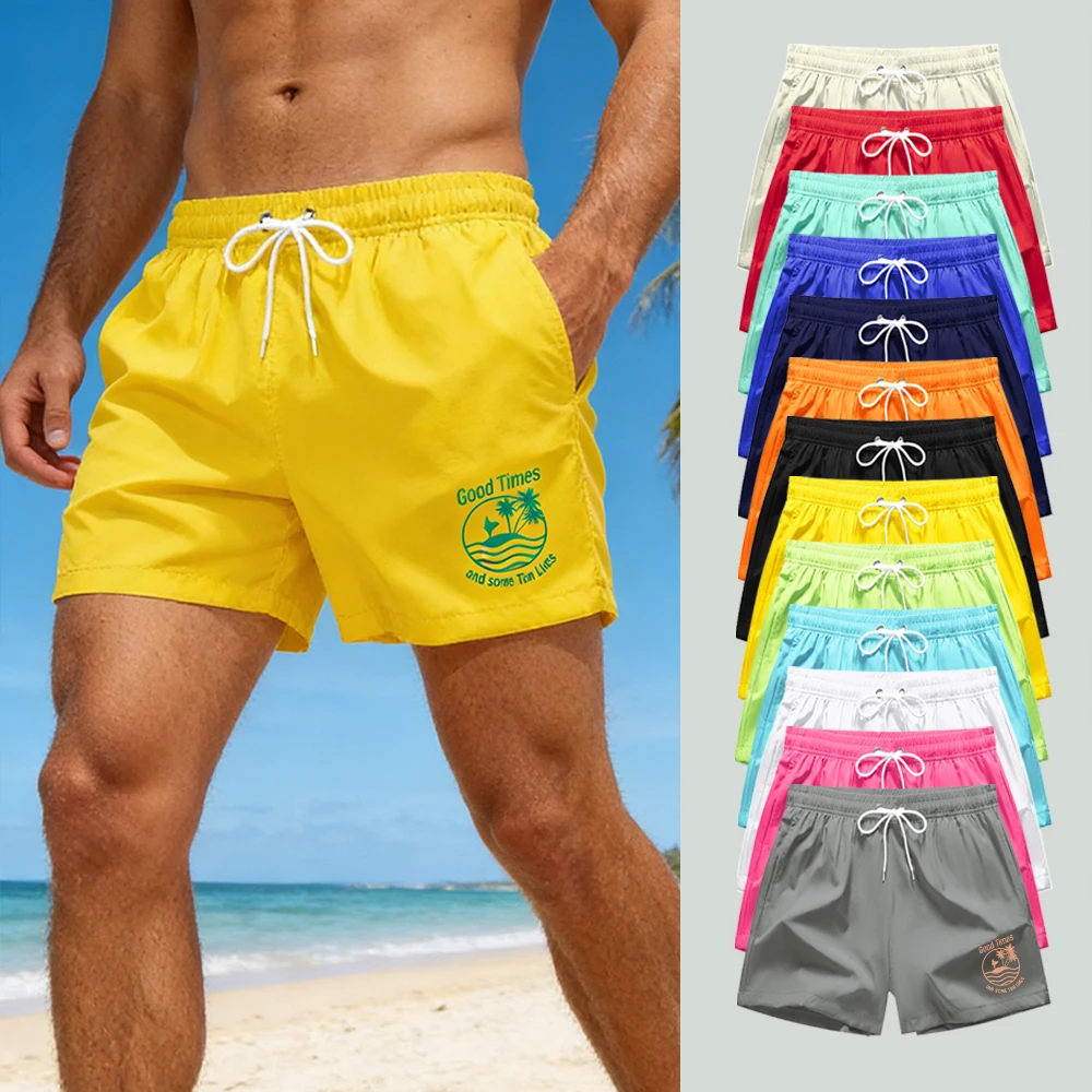 

Men's Quick Dry Swim Trunks with Mesh Lining Side Pockets "Good Times" Coconut Tree Print Summer Beach Shorts for Swimming