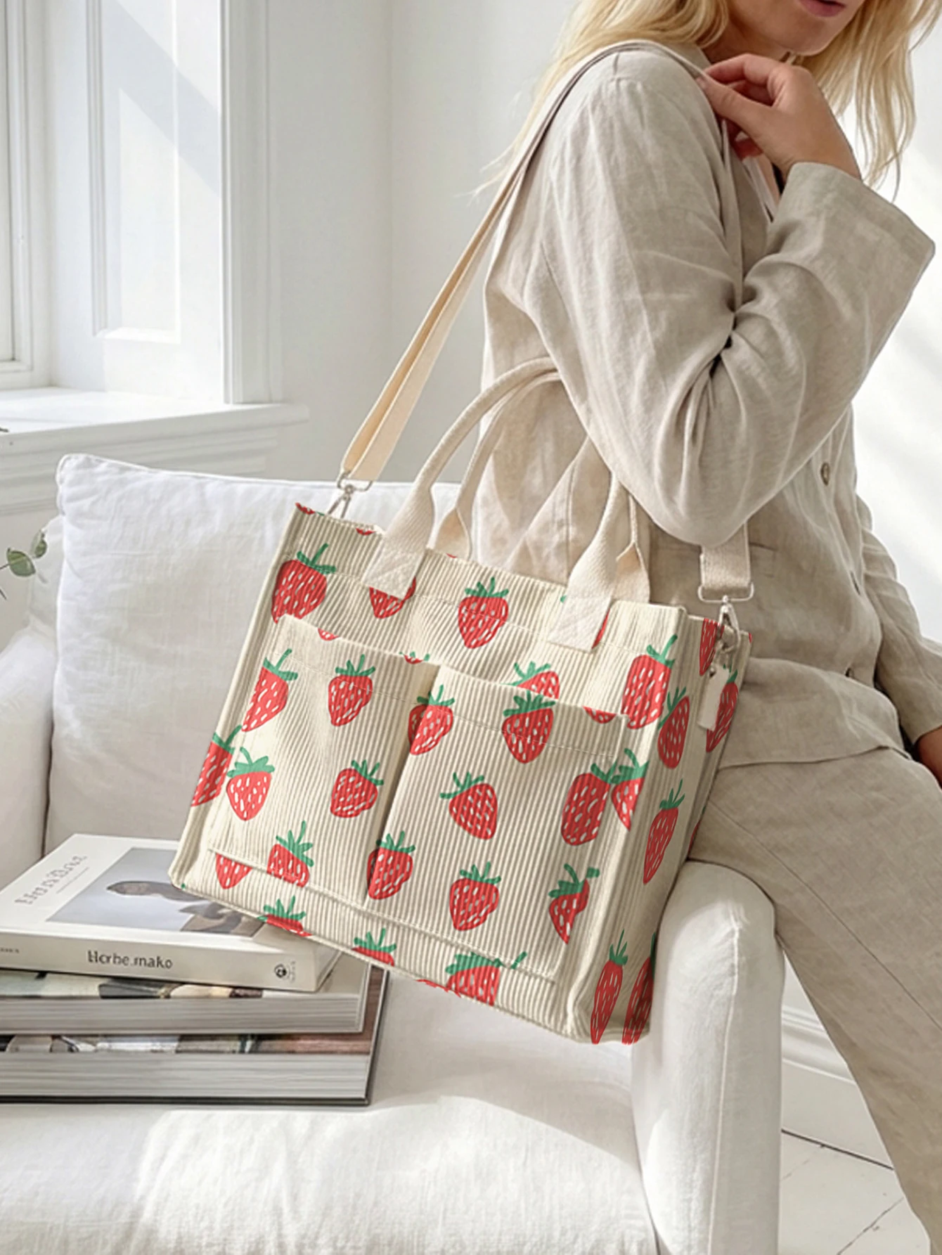 Cute Strawberry Print Corduroy Tote Bag Large Capacity Multi Pocket Fruit Lover Commuter Shoulder Bag