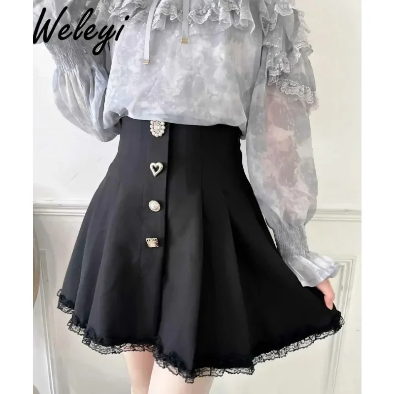 Japanese Style Ruffled A Line Skirts for Women 2024 Summer New Versatile Fashion Single Row Irregular Buckle Sheath Short Skirt