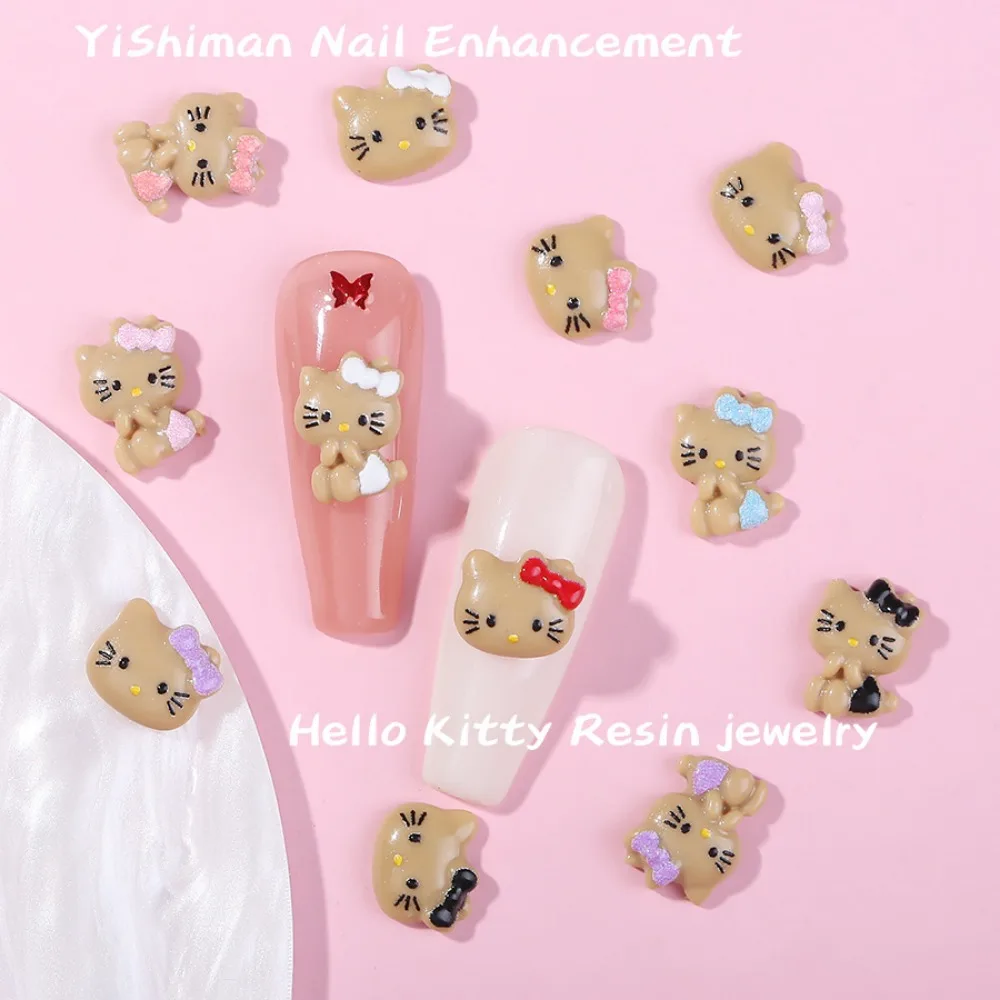 10pcs Kawaii New Black Hello Kitty Resin Nail Art Accessories Anime Cartoon Sanrios Girl Doll Three-dimensional Nails Tips Decor