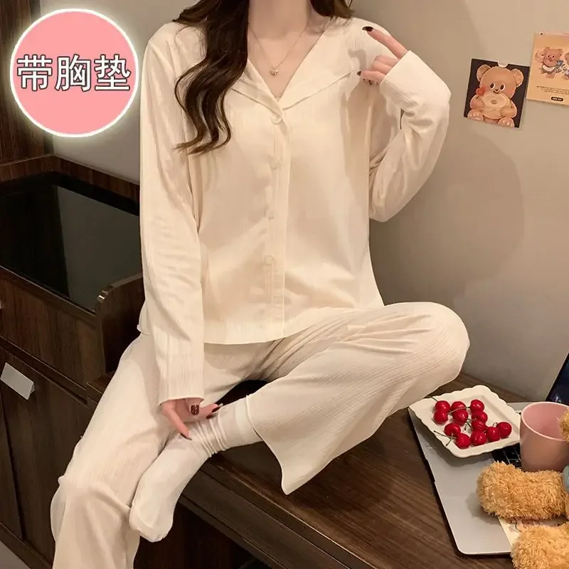 5XL PLUS ขนาดฤดูใบไม้ผลิชุดนอนผู้หญิงผ้าฝ้ายแขนยาว 2 ชิ้นชุดหลวม Loungewear หน้าอก Pads Homesuit สวมใส่ด้านนอก