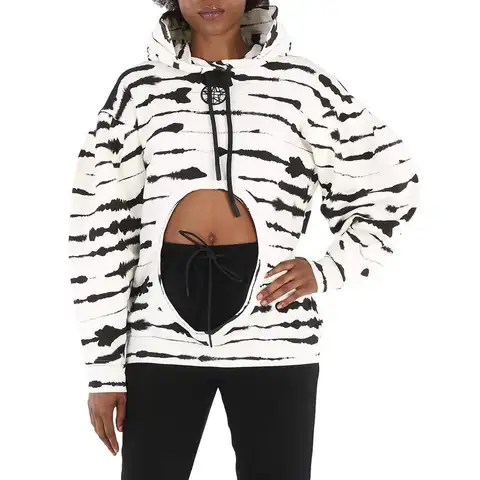 Burberry | Ladies Monochrome Cut-out Detail Watercolour Print Cotton Hoodie