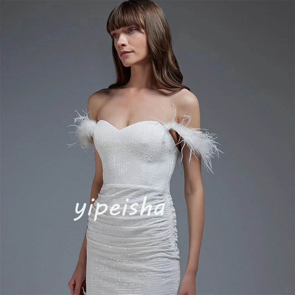 Robe de Cocktail Trapèze à Paillettes en Jersey, Tenue de Soirée Froncée à Plumes, Épaules Dénudées, sur Mesure, pour Occasions Miniatures