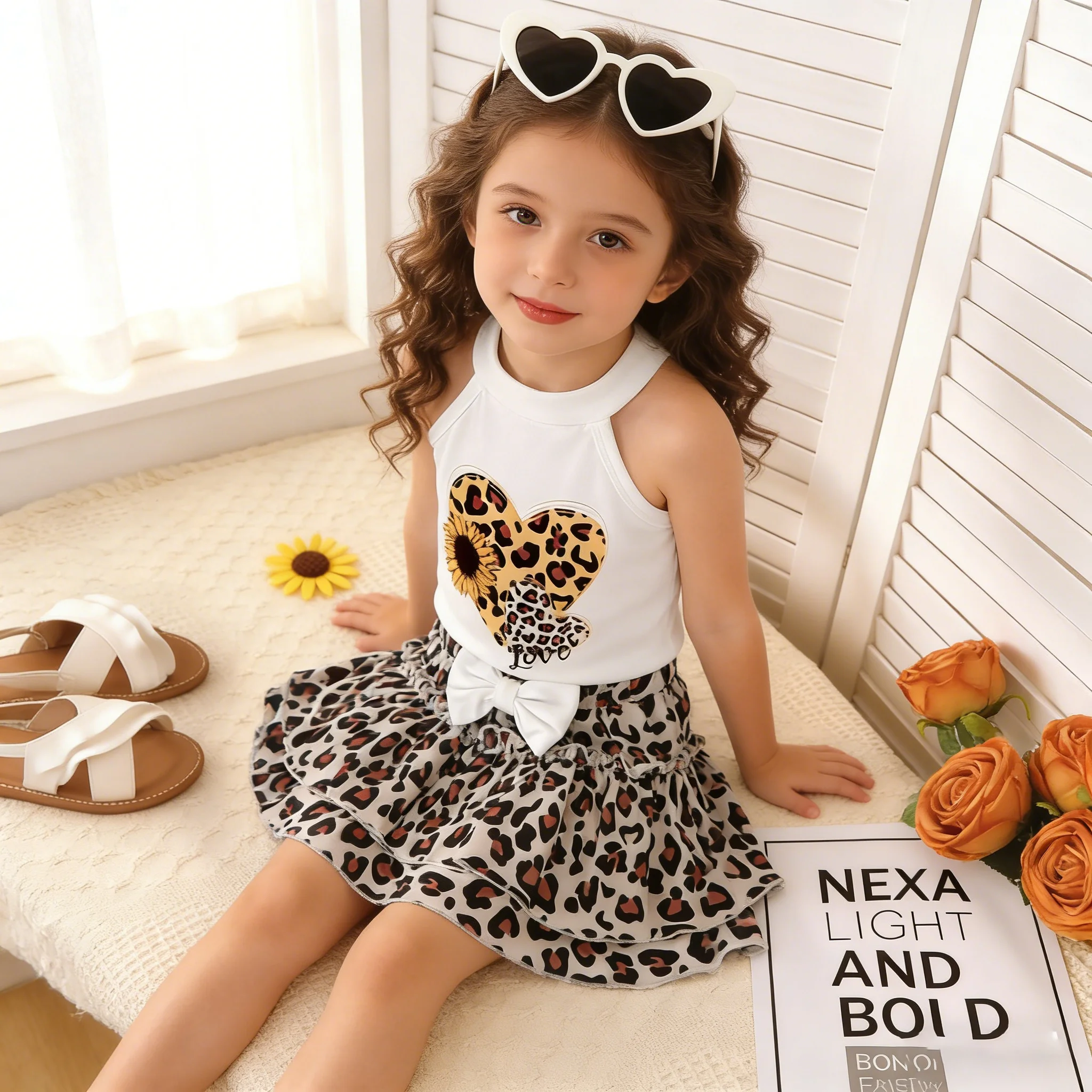 2-teiliges Mädchen-Set, ärmelloses Oberteil mit Leopardenmuster und Herz-Print + Rock mit Leopardenmuster und Schleife, Sommer-Mode-Set für Mädchen im Alter von 4-7 Jahren