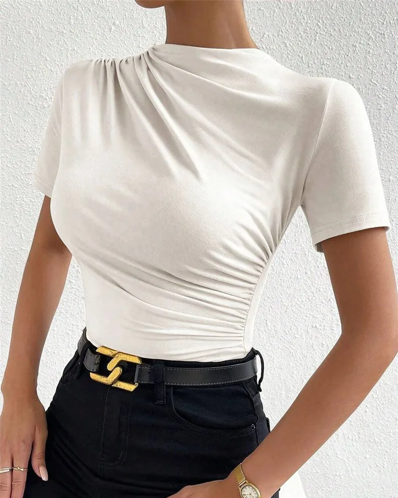 Women luxury solid color spring and summer new slim-fit draw pleated short sleeve onesie T-shirt for women
