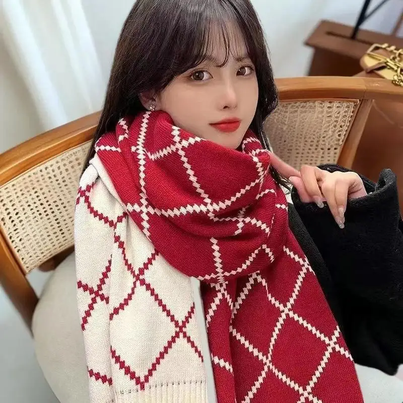 

Женский красный зимний шарф - корейский стиль, вязаный шерстяной шарф для шеи, модная студенческая повседневная теплая мягкая накидка для холодной погоды
