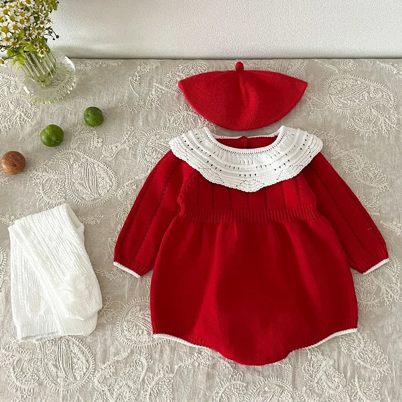 Christmas Knitting Newborn Romper Baby Girl Autumn Red Clothes Cute Long Sleeve Sweater Romper Jumpsuit Casual Newborn Outfits