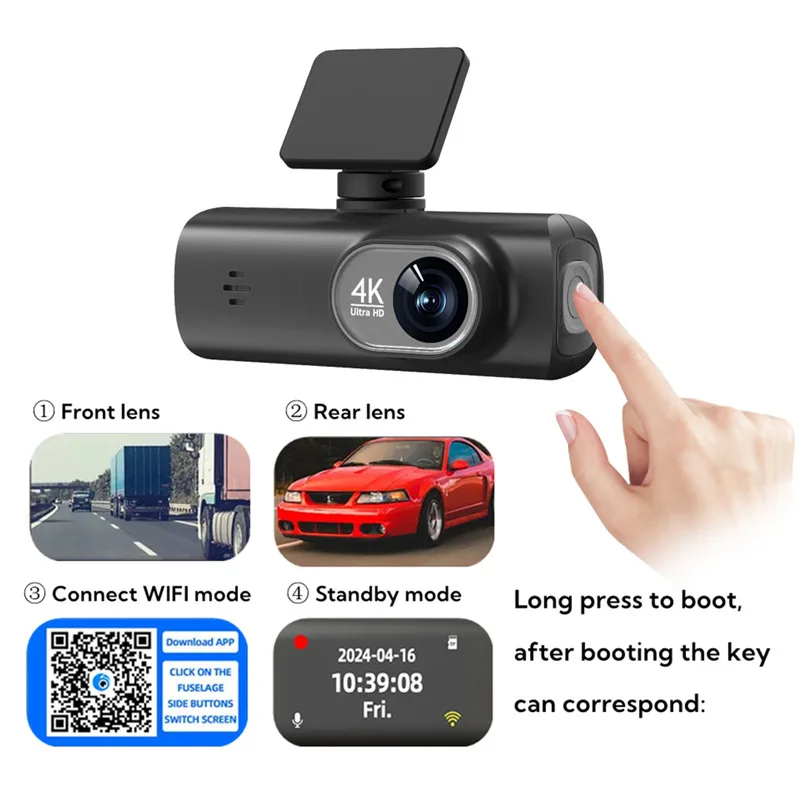 High-definition dashcam 4K Dual recording with phone connectivity GPS Vehicle-mounted recorder of driving trajectory