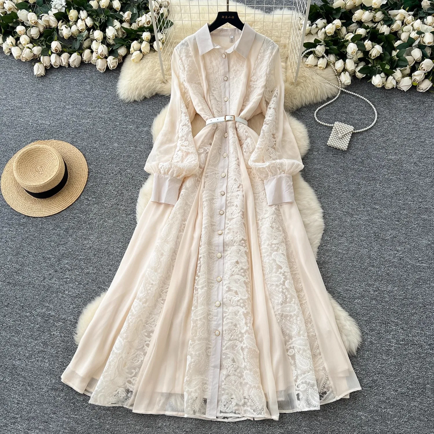 

Autumn Hollow Out Lace Embroidery Splice Prom Party Dress Women's Turn Down Neck Lantern Sleeve Single Breasted Elegant Vestidos