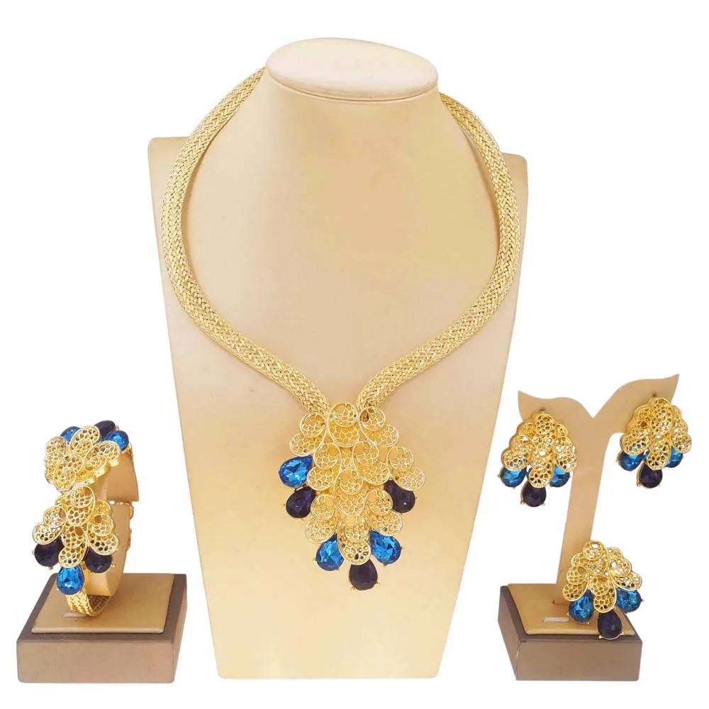 Yulaili Hot Selling Gold Two Color Diamond Latest Silver Bridal Necklace Earrings Ring Exquisite Wedding Costume Accessories
