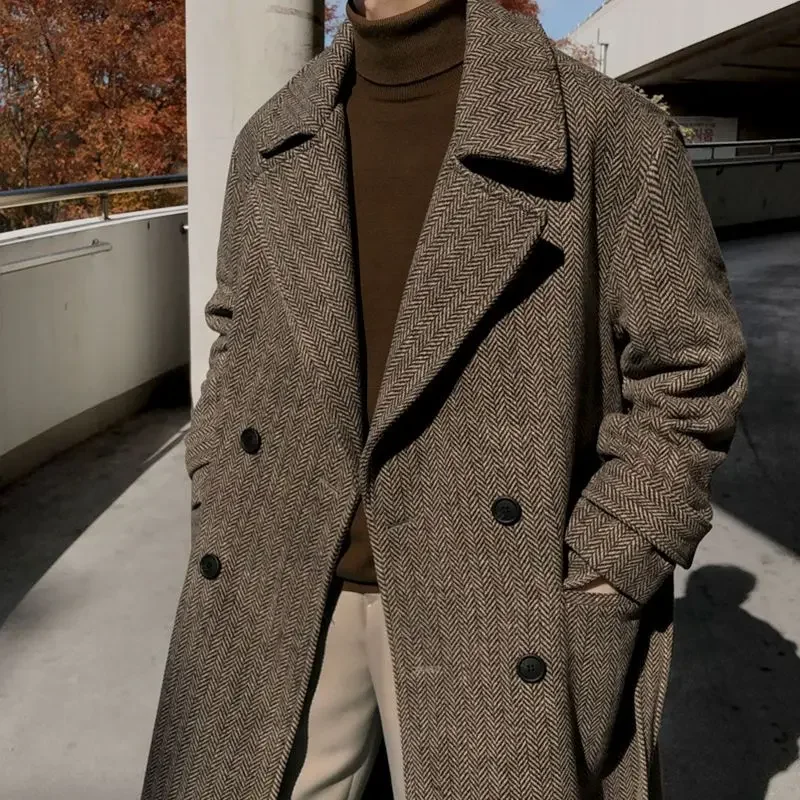 

Winter Thick Woolen Coat Men's Over The Knee Mid-length Windbreaker Loose Double-breasted Long Sleeves Pockets Wool Coats Trench