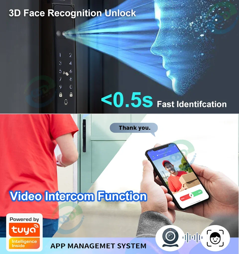 003 Tuya App-Controlled WiFi Smart Sliding Door Lock 3D Face & Fingerprint Recognition Automatic TTLock Intercom Video Smart Loc