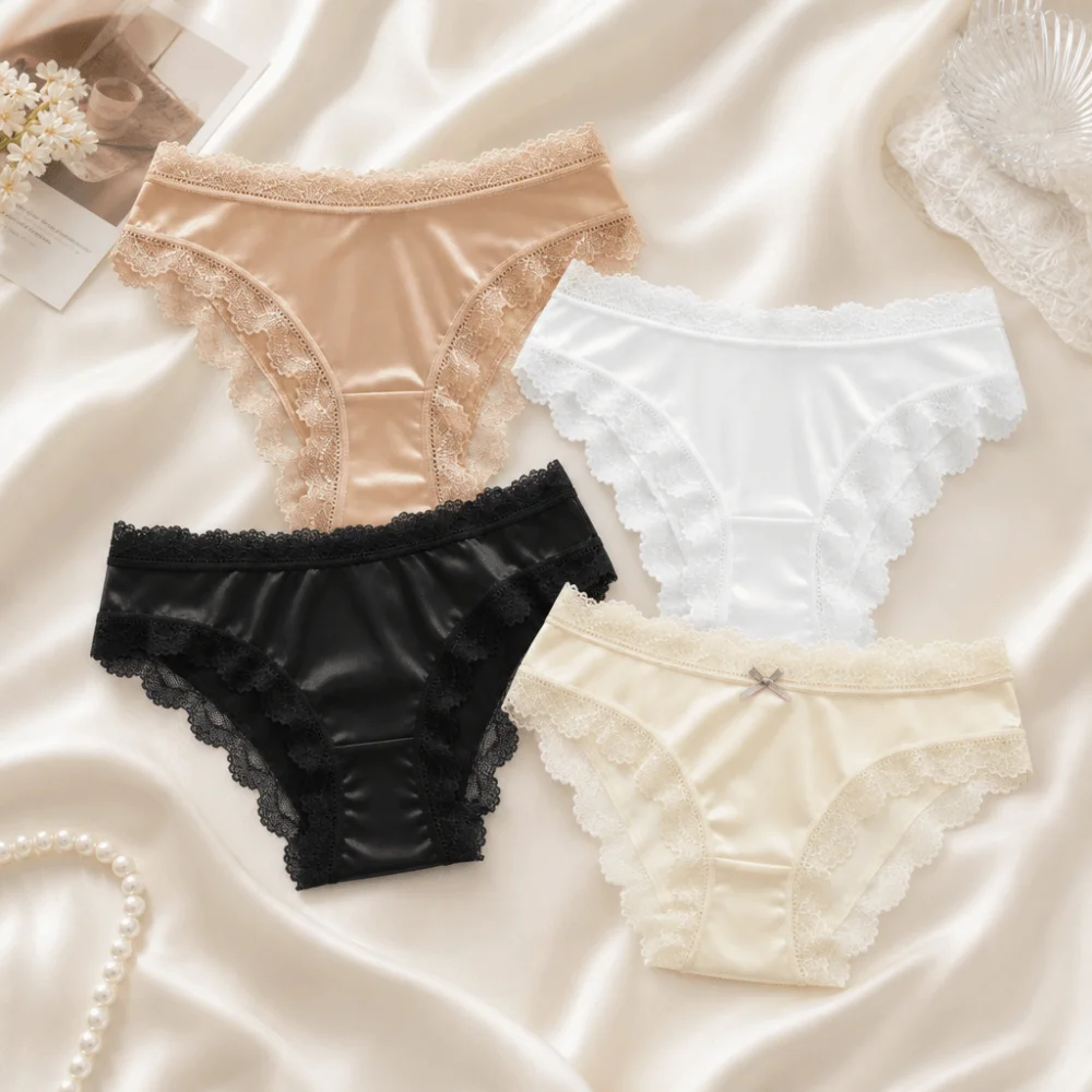 Soft Smooth Low Waist Satin Silk Briefs Lace Bow Seamless Ladies' Underwear Lingerie Thin Triangle Panties Women