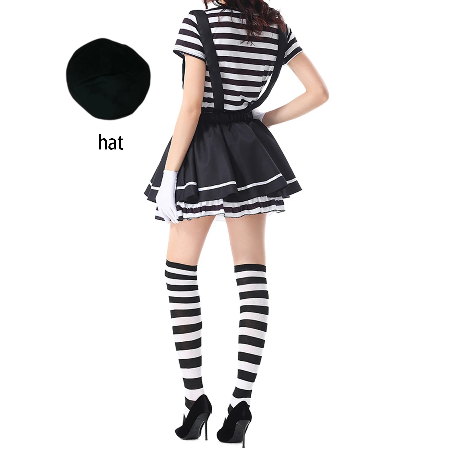 Trajes de palhaço feminino preto branco listrado topos suspender saia luvas e chapéu conjunto halloween cosplay outfit