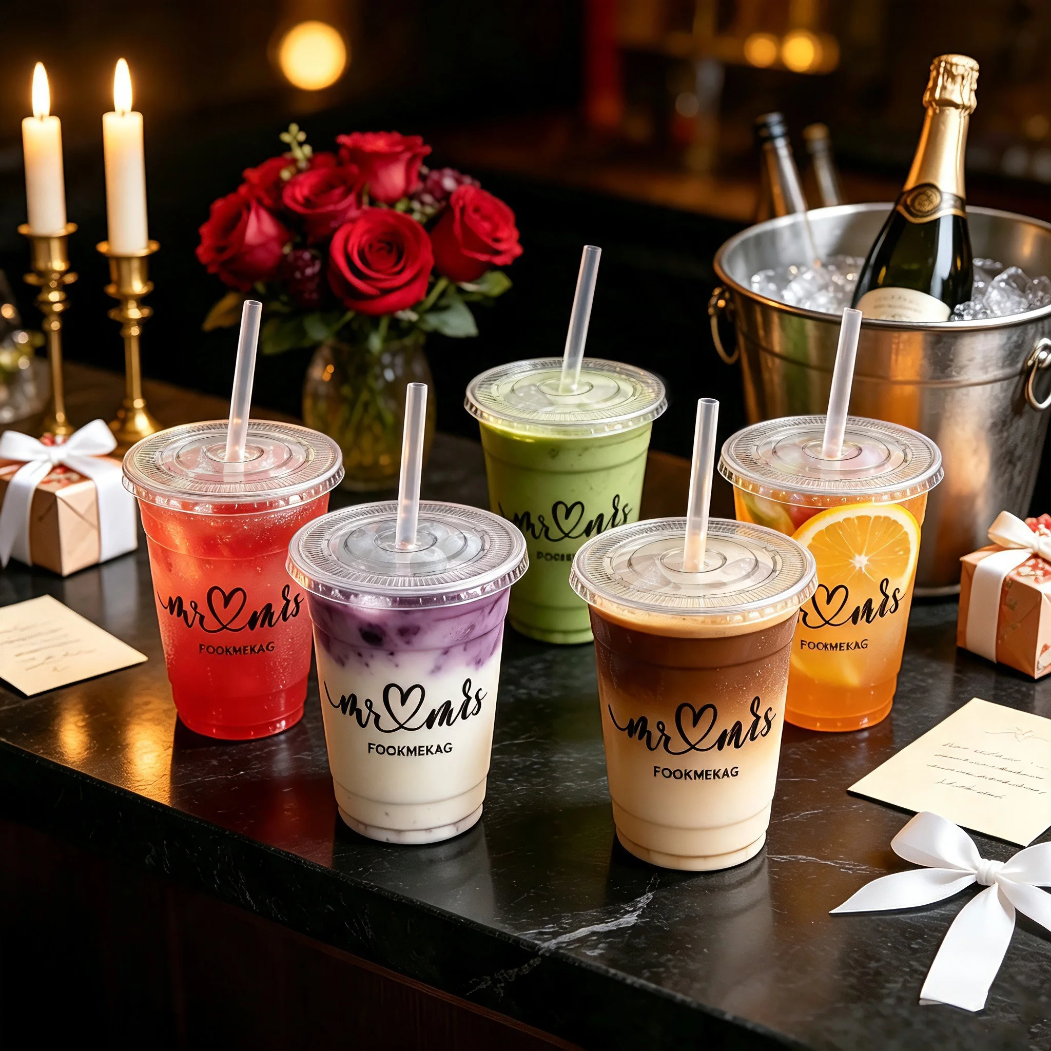 100 Sets Clear PET Reusable Cold Drink Cups with Straws, 16oz Mr & Mrs Heart Printed Plastic Tumblers, Freezer-Safe Only For Cold Beverages, Ideal For Iced Coffee, Smoothies, Wedding Parties, Bridal Shower & Engagement Celebrations