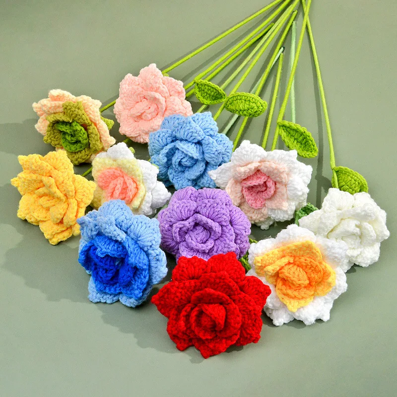 1PC Handmade Crochet Flower Bouquets, Knitted Fabric Rose Bouquet for DIY Home Decor, Gift for Woman Wife Mom Girlfriend Lovers