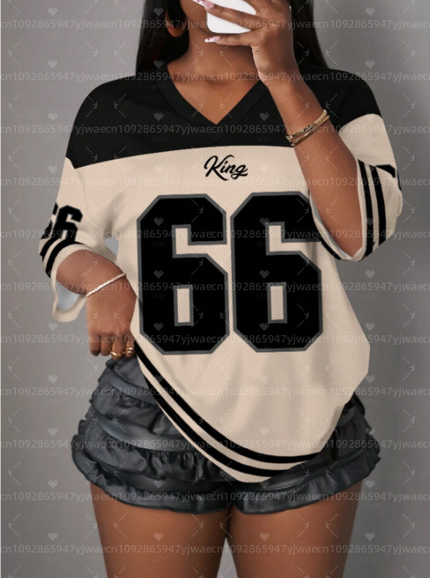 Summer Women American KING 66 Print Breathable Mesh Fabric V-Neck Short Sleeved Baseball T-Shirt Women Jersey plus size T-Shirt