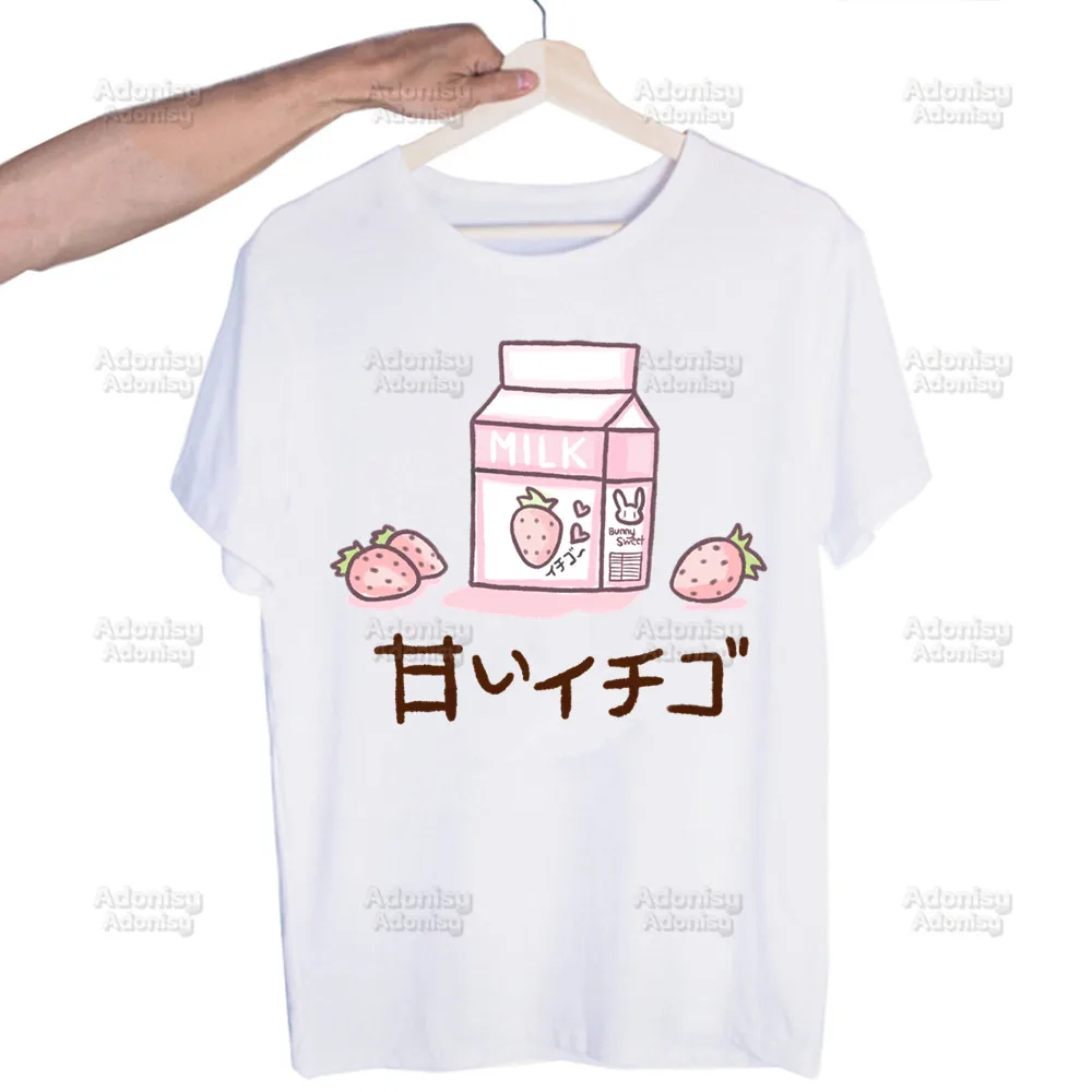 Aesthetic Street Style Japan Strawberry Juice Graphic Print Casual Short Sleeve Men T Shirt Loose O-neck Tshirt Male T-shirt