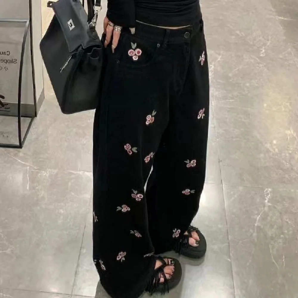 

American Rose Embroidered Jeans Women'S 2025 Spring Autumn New Minority Design Sense Straight Pants Wide Leg Casual Pants