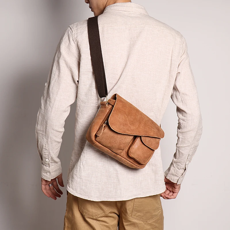 Bolso de mensajero Vintage con múltiples bolsillos para hombre, bolso cruzado con solapa de cuero genuino de nobuk, Bolso pequeño para fiesta diaria