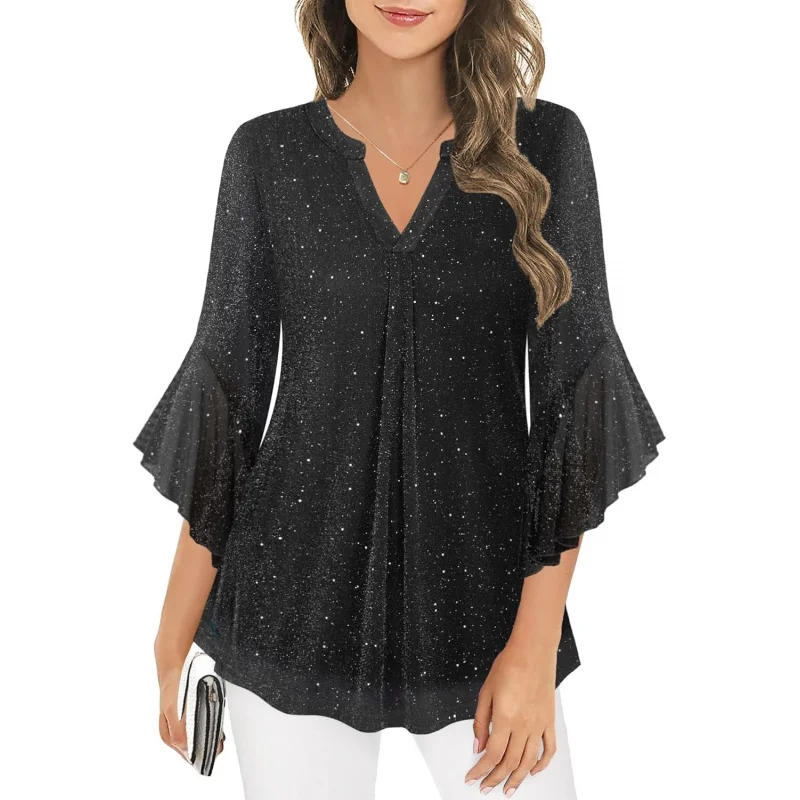 

Womens Sparkly Tops 3/4 Sleeve Dressy Casual Sequin Blouses Double Layers Loose V Neck Shirt