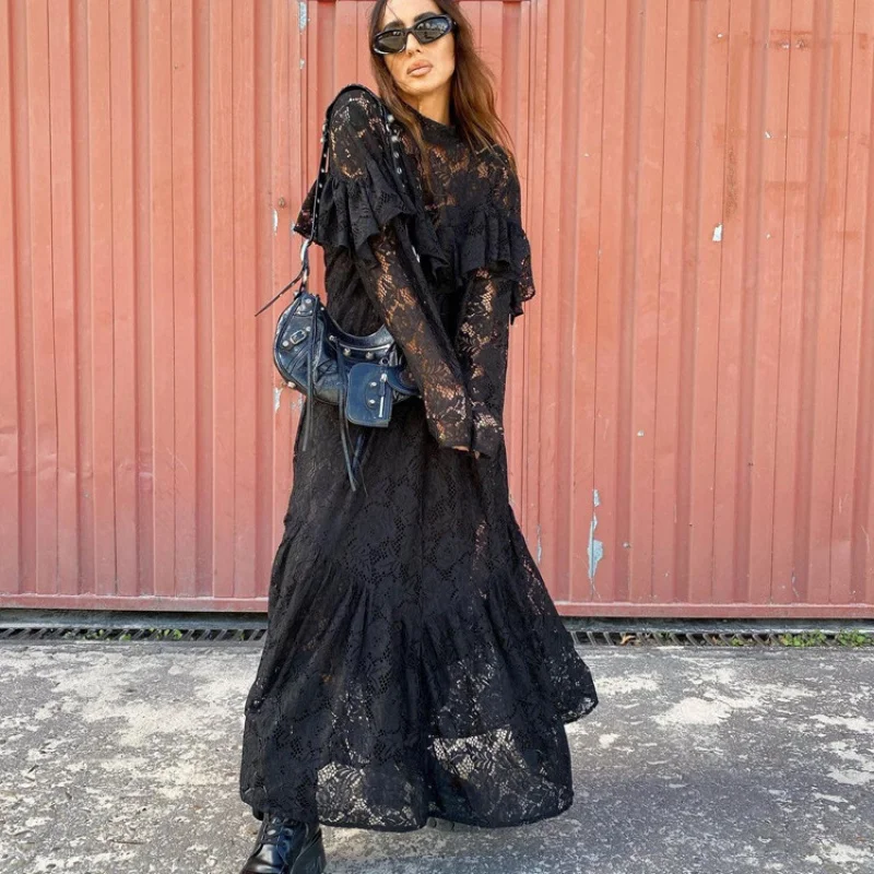 

Hot-selling Sexy Lace Long Dress with Floral Design, Hollow-out Perspective Round Neck Long SleeveALine Skirt Women