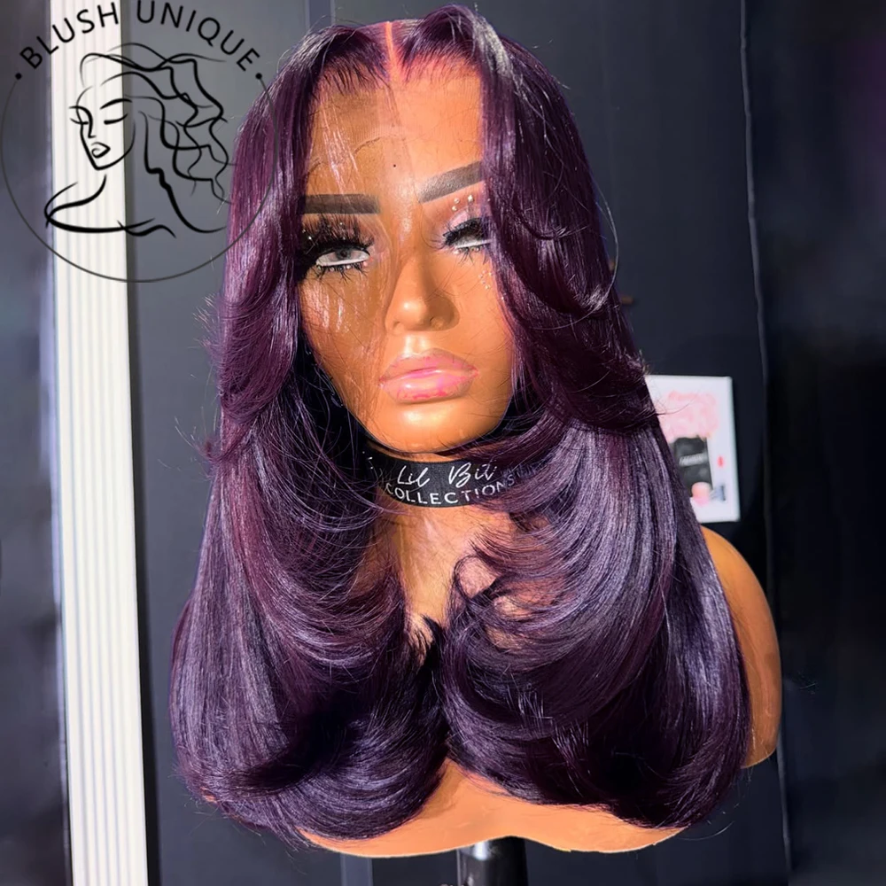 

Темно-бордовый многослойный парик фронта шнурка 13X6 HD Прямой парик фронтальной части шнурка Фиолетовый синтетический предварительно сорванный бесклеевой парик для женщин