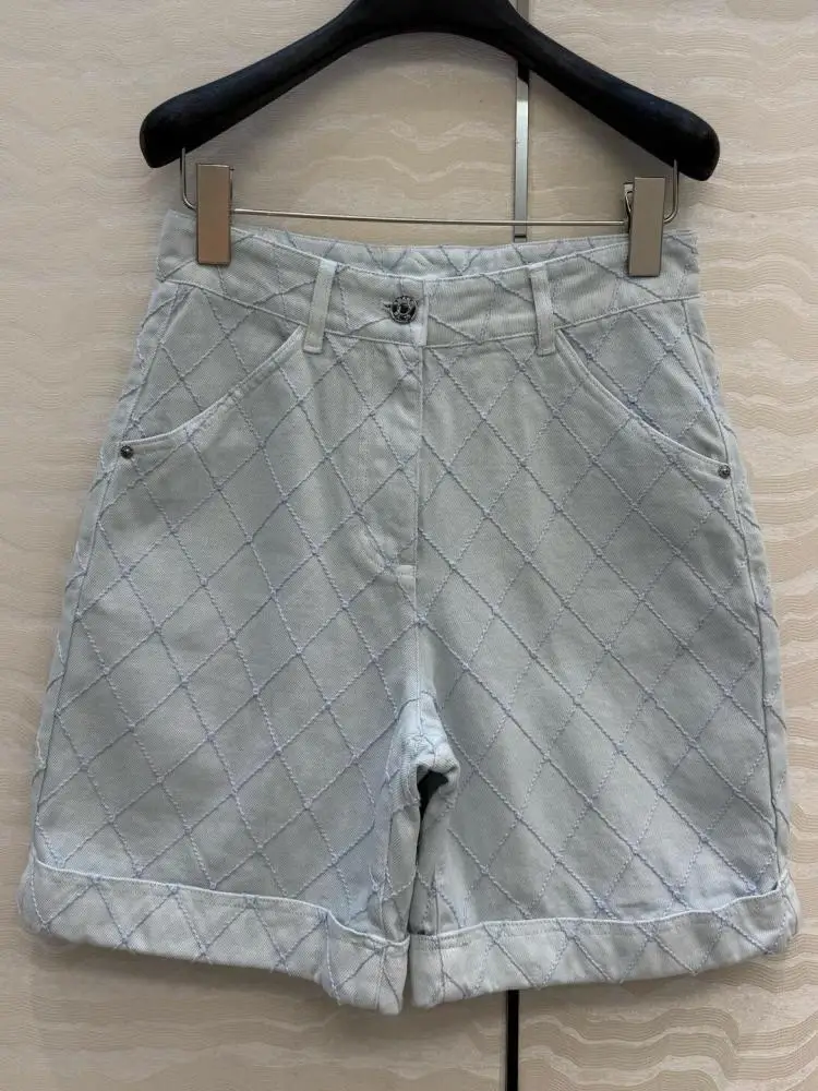 Heavy Embroidered Rhomboid Embroidered Organic Cotton Denim Tooling Pocket Roll Pants Women