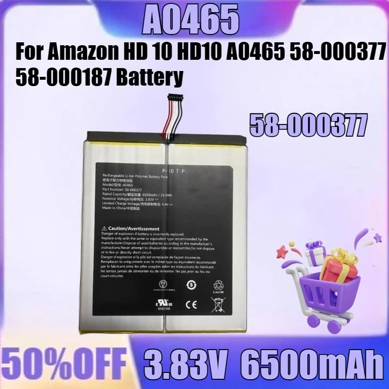 New 58-000377 3.83V 6500mAh High Quality Battery for Amazon HD 10 HD10 A0465 58-000377 58-000187 Battery