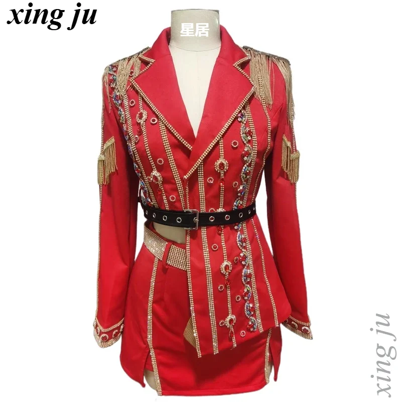 Women Group Nightclub DJ Stage Performance Costume Jazz Dance Sexy Red Short Coat Slim Halter Tops Pleated Skirt Tight Shorts